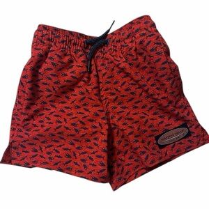 Vineyard Vines Red Swim Shorts with Black Fish Pattern